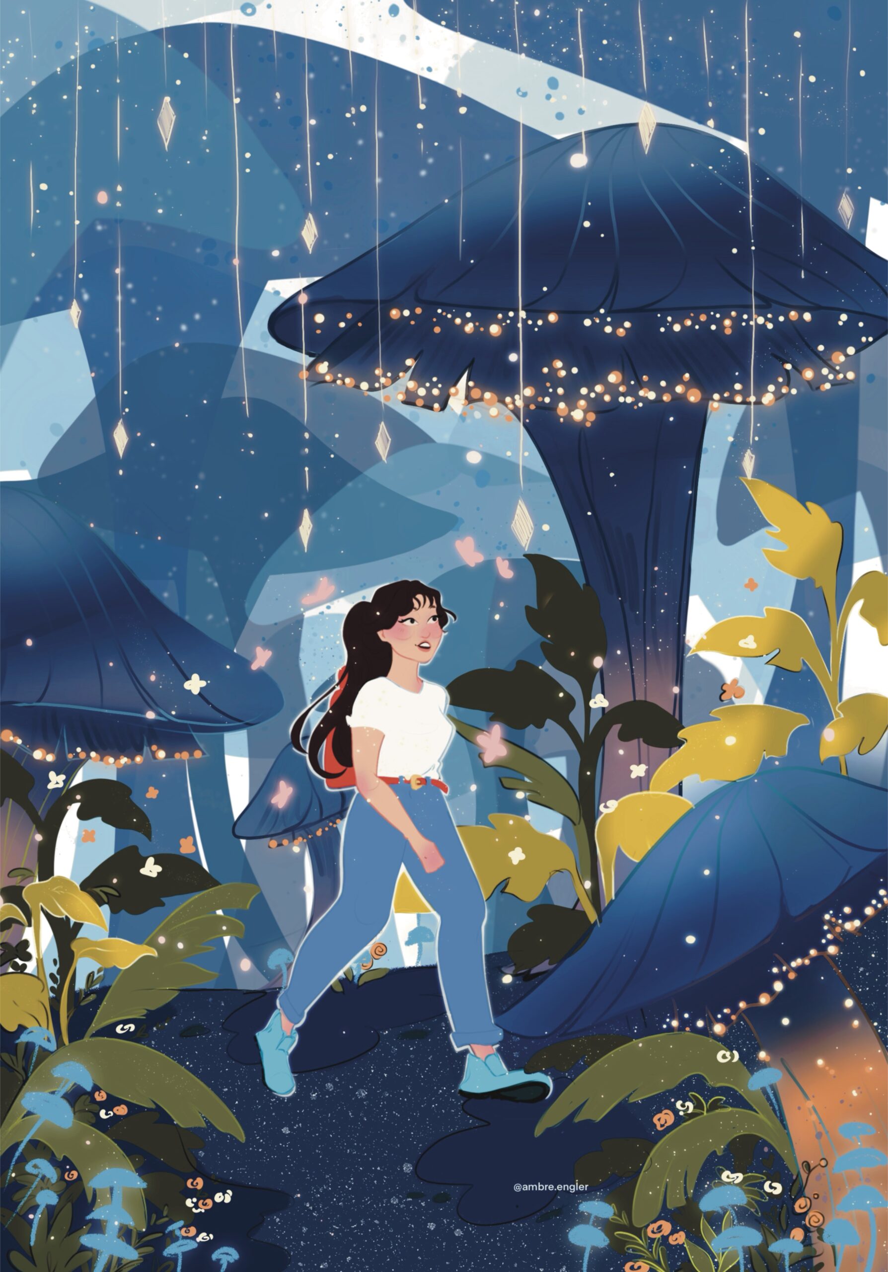 illustration d'une fille dans un monde magique rempli de champignon fantastique et féérique - Ambre Engler – Illustratrice freelance personnalisée & illustration éditoriale et communication visuelle. Ambre Engler – Illustratrice freelance personnalisée & illustration éditoriale et communication visuelles illustrées