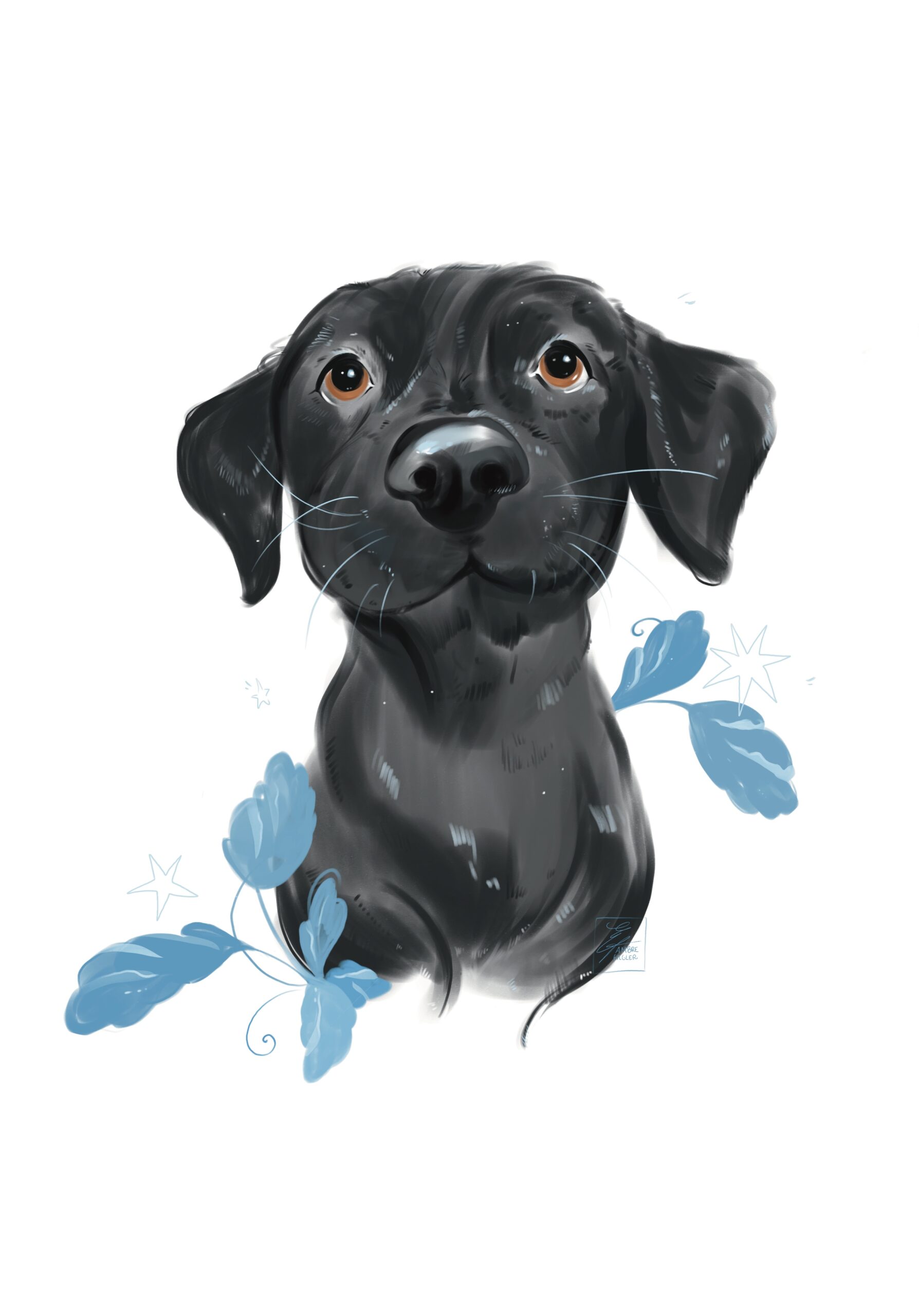 illustration d'un chien puppy noir, commission personnalisée - Ambre Engler – Illustratrice freelance personnalisée & illustration éditoriale et communication visuelle Ambre Engler – Illustratrice freelance personnalisée & illustration éditoriale et communication visuelles illustrées