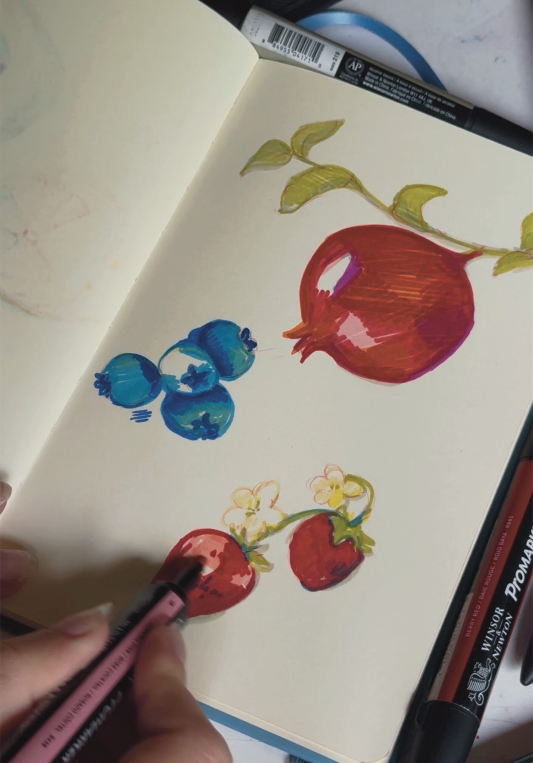 photo d'une illustration traditionnelle réalisé dans un carnet à dessin avec des feutres promarker - Ambre Engler – Illustratrice freelance personnalisée & illustration éditoriale et communication visuelle Ambre Engler – Illustratrice freelance personnalisée & illustration éditoriale et communication visuelles illustrées